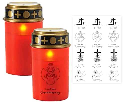 Ronoza 2 Stück LED Grablicht Rot, Grabkerzen Led, Grablaterne Friedhof Wetterfest, Grableuchte mit Kerzentattoos, LED Taufkerze, Led Grablichter für Draußen, Batterien nicht Inbegriffen