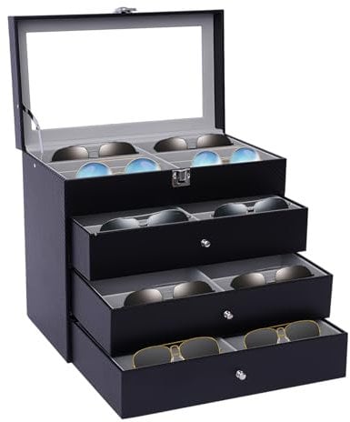 QUIOTUIR 4 Lagen Brillenbox für 24 Fächer Brillen Brillenkoffer Sonnenbrillen Ausziehbare Schublade Aufbewahrung mit Sichtfenster für Aufbewahrung Brillen, Sonnenbrillen, Armbändern