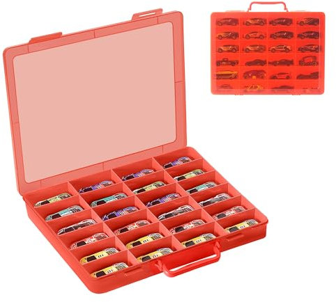 RHCOM Toy Storage Organizer Case for Hot Wheels Car, for Matchbox Cars, for Mini Toys, for Small Dolls. Carrying Box Container Carrier with 24 Compartments.(Box Only) (Red)
