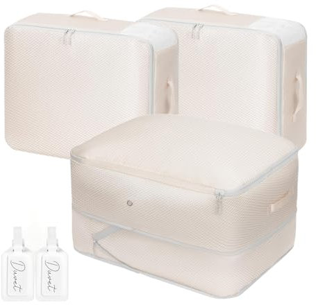 Homsorout Space-Saving Compression Storage Bags - Foldable Duvet Storage Organiser with Zips, Large Bedding Packing Cubes Space Saver with Window for Travel, Clothes, Sheets (2 Pack,Beige)