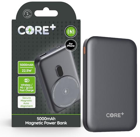 CORE + | Power Bank Portable Mobile Phone Charger | Fast Charging Power Delivery | USB C/A for iPhone, Samsung, Google | Wireless & Magnetic Available (5000mAh - Power Delivery Magnetic Wireless)