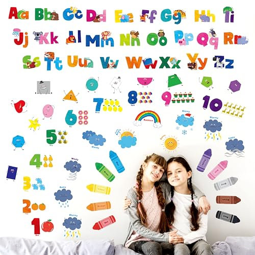 68-teilige Alphabet- und Buchstaben-Wandaufkleber, selbstklebende Vinyl-Aufkleber - Buchstaben, Wetter, Zahlen, Tiere, Formen & Farben, pädagogische ABC-Buchstaben-Raumdekorationen