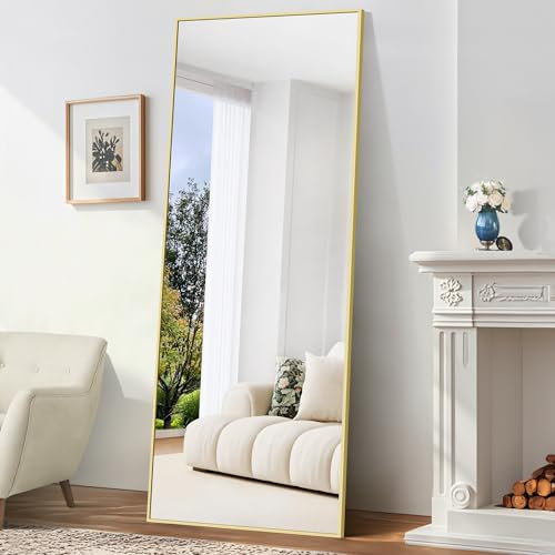 BONEWEI Miroir sur Pied 179 x 65 cm, Miroir Pleine Longueur avec Cadre en Aluminium Or, Grand Miroir Mural Rectangulaire Penché ou Suspendu pour Chambre à Dressing, Salon, Couloir