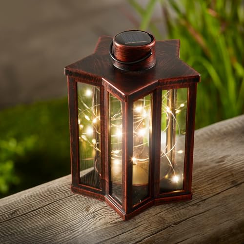 Set of 2 Solar Powered Firefly Star Shaped Lanterns – Weatherproof Bronze Effect Outdoor Garden Standing or Hanging LED Light Decoration for Tabletop, Fence, Wall, Patio, Decking, Pathway – H16 x 12cm