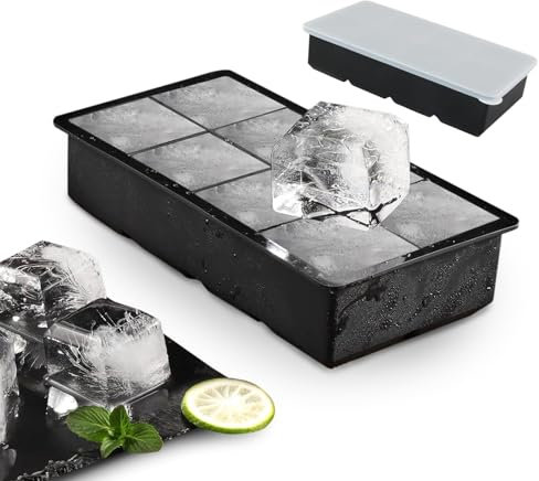 Silikon Eiswürfelform, XXL Eiswürfelformen & Eiswürfelschalen mit Deckel, Whisky Eiswürfelbehälter, 2er-Pack 8 Eiswürfelform mit Deckel