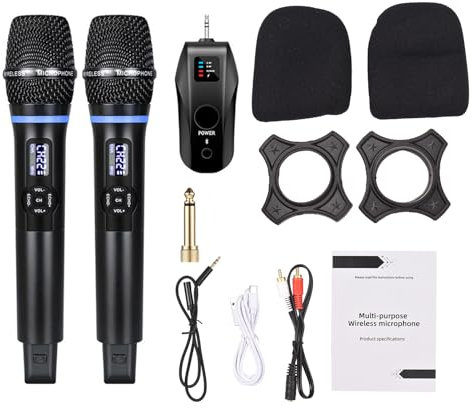 Tomotato Wireless Microphone, Rechargeable Wireless UHF Microphone, Receiver with Handheld Mic and Reverberation Function for Home Cinemas Karaoke Speech Wedding Party (1 Receiver with 2 Microphones)