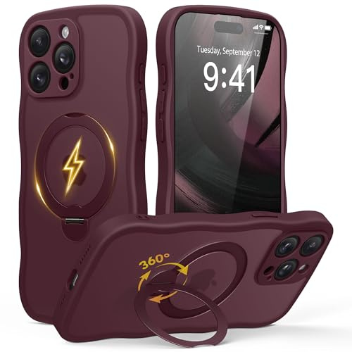 GOLBINBOX for iPhone 15 Pro Max Case,[Compatible with Magsafe][360°Magnetic Stand][Cute Wave Edge][18ft Military-Grade Protection] Translucent Matte Women Phone Cover for iPhone 15 ProMax,Burgundy