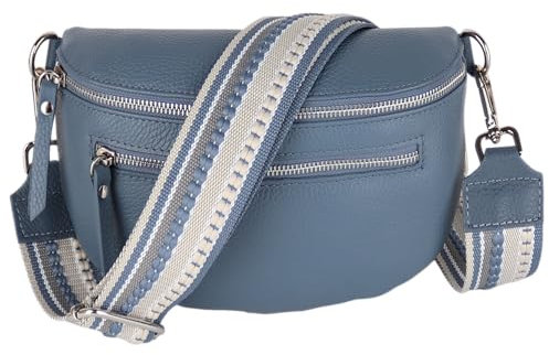 MIRROSI® Damen Bauchtasche Umhängetasche 27x14,5x8cm Damen, Made in Italy, aus Echtleder Tasche Echtes Leder, Brusttasche, Crossbody Bag,Bohemian Style (1 Tasche 2 Gurte) (Jeansblau (Streifen))