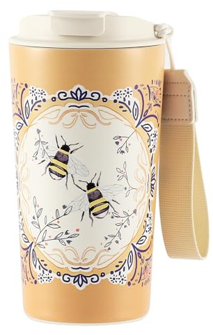 Animal Print Insulated Travel Mug 500ml, Ceramic‑Lined Stainless Steel Coffee Cup, Leakproof Lid with Sip Spout & Straw, Anti‑Slip Base, Carry Lanyard, Hot Cold Reusable Cup,BEE