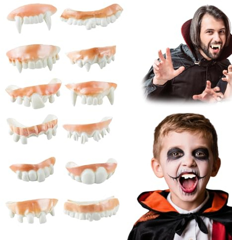 ESYFOR Falsche Zähne Lustige, 12 Stück Hässliche Gefälschte Halloween Kreativ Dämonenzähne Verrückte Hässliche Künstliche Scherzzähne für Halloween/Ostern/Maskerade,Zufälliges Muster