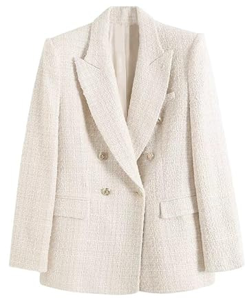 Generisch Damen Blazer Jacke Reverskragen Zweireihig Tweed Blazer Regular Fit Arbeit Business Büro Arbeitsanzugjacke Langarm Herbst Strickjacken Mantel