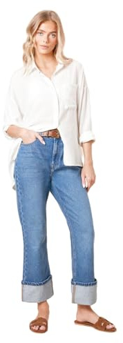 Dorothy Perkins Straight Jean with Turn Up, 12, Mid Wash