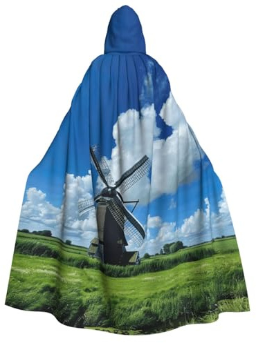 DUWAA Windmill Blue print Halloween Hooded Robe Cloak for Adult Men Women Wizard Vampire Knight Fancy Cool Cape Costume
