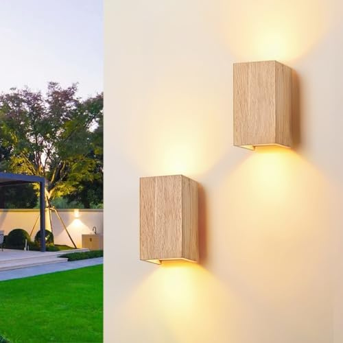 Doughelec LED Wandleuchte Innen Holz Wandlampe - Wandleuchte Holz Vintage 2x 5W GU10 austauschbares Warmweiß 3000K Up Down Holzlampe für Flurlampe Schlafzimmer Wohnzimmer Flur, Rechteckig 18cm, 2PCS