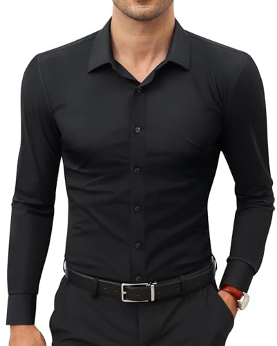 ZDOUXUAN Dress Shirt Stretch Long Sleeve Slim Fit Shirts for Men | Mens Long Sleeve Dress Shirts Solid Casual Business Formal Wedding Button Down Shirt