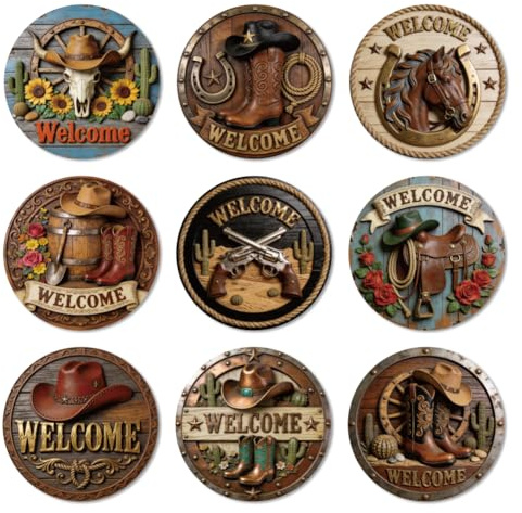 ANATTASOUL 9 Stück Cowboy Willkommen Untersetzer Holz für Zuhause | Holzuntersetzer Coaster Wiederverwendbare Glasuntersetzer ,Tasse Coaster Mat für Büro und Bar Tischdeko Sommer