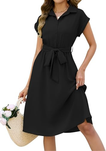 CMTOP Sommerkleid Damen Kleid Kurzarm V-Ausschnitt Midikleid Sommer Knielang Casual Blusenkleid Midi Kleider Freizeitkleider Elegant Wickelkleid mit Gürtel Taschen (Schwarz, L)