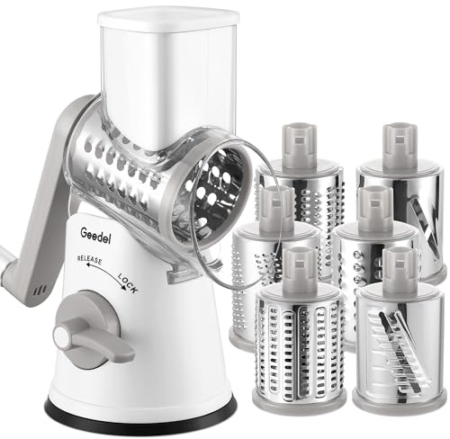 Geedel Rotary Cheese Grater, Vegetable Slicer Graters for Kitchen, 6 Blades | Versatile, Time-saving, 12x Fast Cutting, 430 Stainless Steel, Safe to Use, Dishwasher-Safe, Strong Suction Base, Detachable