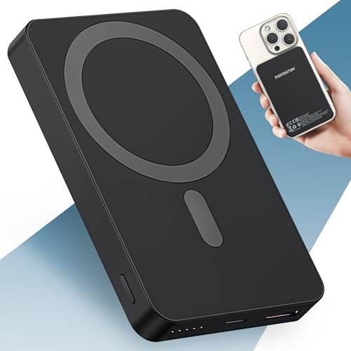 PORTENTUM Power Bank para MagSafe 10000 mAh Ultrafina 14 mm – Bateria Externa Carga rapida 22,5 W – Cargador portátil magnético PD y QC – Powerbank inalámbrica Qi 15 W – USB-C + USB-A para iPhone