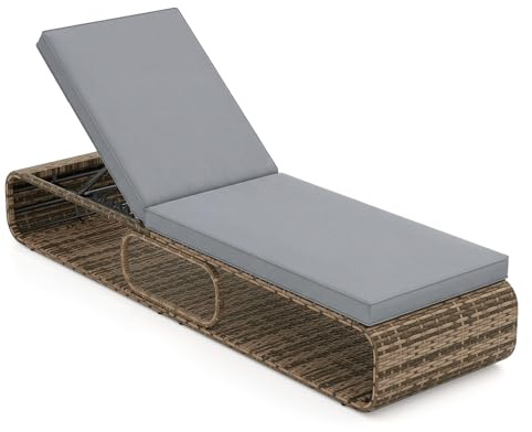 GIANTEX Sonnenliege mit Auflage, Gartenliege mit 7-stufig Verstellbarer Rückenlehne, Rattan Liegestuhl für Pool, Terrasse & Garten, 185 x 65 x 26cm, Relaxliege belastbar bis 180kg (Grau)