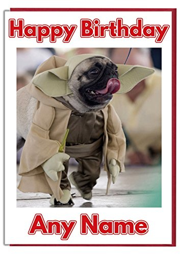 Personalisierte Geburtstagskarte mit dem Star-Wars-Yoda-Mops als Motiv, jeder Name kann auf der Vorderseite gedruckt werden