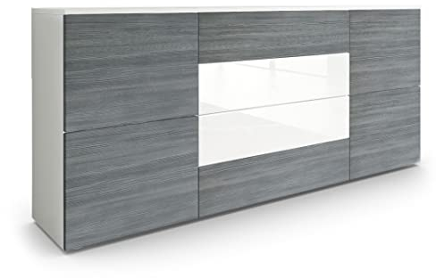 Vladon Sideboard Rova, Made in Germany, Kommode mit 4 Türen und 4 Schubladen, Weiß matt/Avola-Anthrazit/Weiß Hochglanz (166 x 72 x 35 cm)