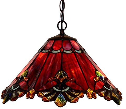 Bieye L10059 Baroque Tiffany Style Stained Glass Ceiling Pendant Fixture with 17 Inch Wide Handmade Shade (Red)