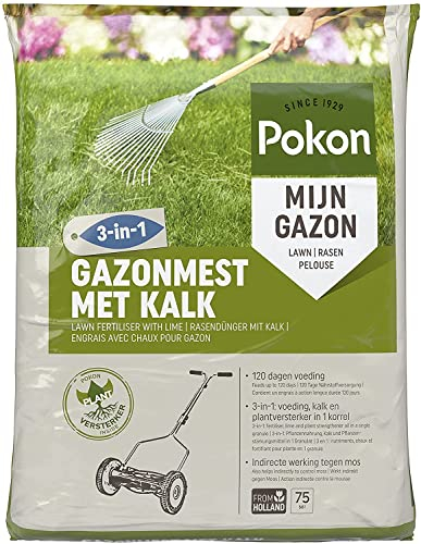 Pokon Rasendünger mit Kalk 3-in-1, organischer Komplettdünger, Sofort und Langzeitwirkung, 75m², 5kg
