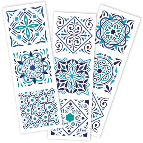 9 Fliesen-Aufkleber Santorini I 10 x 10 cm I 9 verschiedene Motive I selbstklebende Klebefolie für Küche Bad WC Kacheln I Mosaik in weiß-blau I Deko-Fliesen Wohntrend farbenfroh I dv739