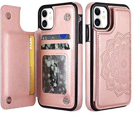 UEEBAI Case for iPhone 12 mini 5.4 inch, Luxury PU Leather Case [Two Magnetic Clasp] [Card Slots] Stand Function Embossed Mandala Pattern Half Flower Durable Soft TPU Back Wallet Cover - Rose Gold#3