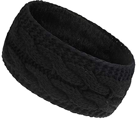 Women Ear Warmer Headband Fleece Lined Winter Warm Knitted Thick Hairband Thermal Headbands Elastic Hair Wrap (Black)