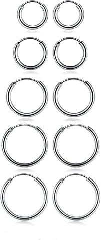 PiercingJak 5Paires Boucles d'oreilles Créoles Anneaux Acier Inoxydable Piercings Tragus Hélix Cartilage Homme Femme Cerceau Rond Clous Bijoux de Corps 8mm-16mm, Argent Doré Noir Rose Or(Argent)
