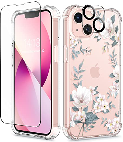 GVIEWIN Compatible with iPhone 13 Case 6.1 Inch 2021, with Tempered Glass Screen Protector+Camera Lens Protector, Flower Clear TPU Slim Bumper Shockproof Protective Soft Phone Cover, Magnolia/White