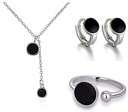 HCMA Silber Einfache Epoxy Schwarz Runde Wafer Halskette + Ohrringe + Ring Für Frauen Geschenke Hochzeit Schmuck Set