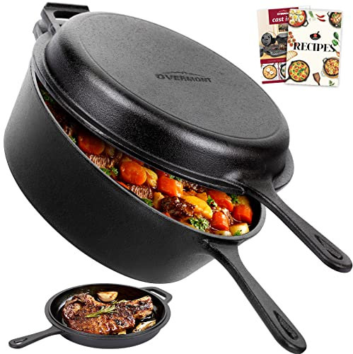 Overmont Sartén profunda de hierro fundido 2 en 1 con tapa para horno holandés, apto para interiores, exteriores, parrilla, freír, hornear, funciona en inducción, eléctrica, estufa y horno