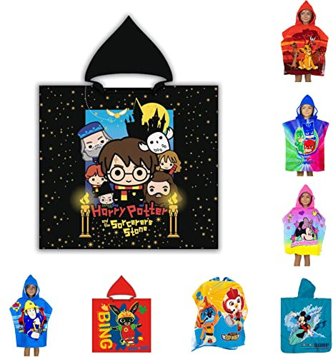 AYMAX SPRL Kinder Bade-Poncho mit Kapuze, 55x110cm, versch. Motive-König der Löwen, Harry Potter, PJ Masks, Batman, Minnie Mickey Mouse, Bing, Sam Badeponcho Handtuch Bademantel Poncho (Harry Potter)