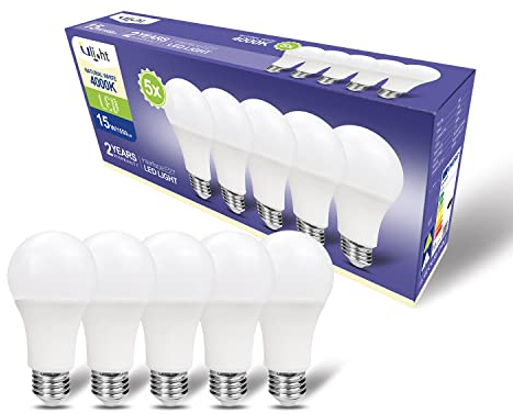 ULIGHT A65 LED Lampe 15W Drop, 120W gleichwertige Glühlampe, 4000K natürliches weißes Licht, 1550 lm, 170° Strahl, 220-240V E27-Sockel, 5 Stuck