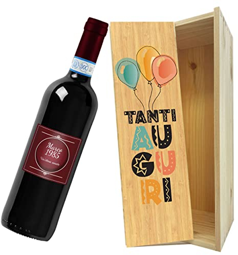 Bottiglia di vino personalizzata con cassa legno ideale per regalo di compleanno. (Montepulciano d'Abruzzo DOC, ottima annata)