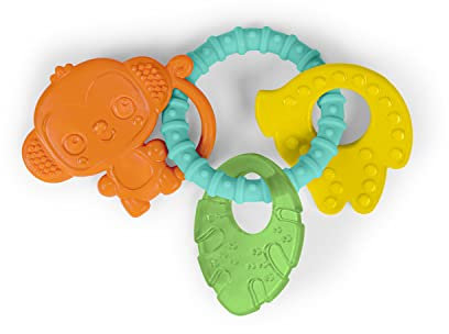 Bright Starts, Mordedor o Anillo de Dentición con Texturas Tropical Chews - Sin BPA - Mono, Hoja, Plátano y Anillo de Silicona - Unisex, 3 meses +