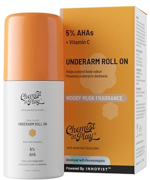 Chemist at Play UnderArm Roll-On - 5% AHA, Lactic & 1% Mandelic Acid | Prevents Odour, Brightens Skin, Exfoliates | Sensitive Skin, Alcohol-Free, Woody Musk Fragrance (40 ml)