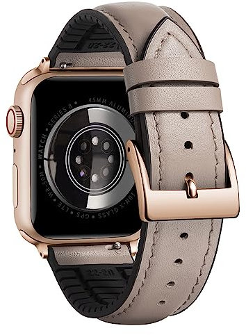 BINLUN Cinturino in Pelle Silicone Compatibile con Apple Watch 42mm 44mm 45mm 46mm 49mm Microperforazioni Pelle e Gomma Ibridi Cinturini Adatto per iWatch Uomo Donna(Oro Rosa Fibbia,Beige)
