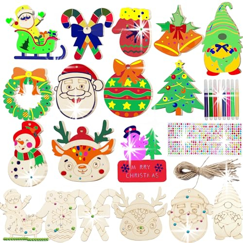 60pcs Weihnachten Basteln Holzanhänger, Weihnachtsdeko Holz Weihnachtsanhänger,DIY Weihnachtsbaum Deko zum Bemalen,Christbaumschmuck Holz Set,Schneeflocke,Elch,Weihnachtsmann Baumschmuck Basteln