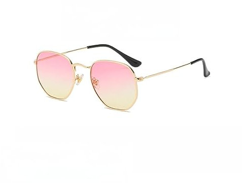 WDZAYXC Mode polygonale Sonnenbrille für Damen und Herren,Leicht Metallrahmen Brille,UV400 Schutz(Gold/Rosa Gelb)