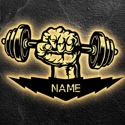 LEON FOLIEN Hantel Fitness Wand Deko Led personalisiert mit NAME - Langhantel Lasergravur Schlummerlicht Nachtlicht für Schlafzimmer Wohnzimmer Geschenk - Sport in 7 Farbe