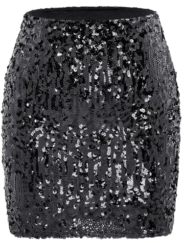 Durio Pailettenrock Für Damen Glitzer Rock Kurz Damen Sexy Midi Skirt Hüftrock mit Elastische Taille Party Rave Outfit Schwarz M