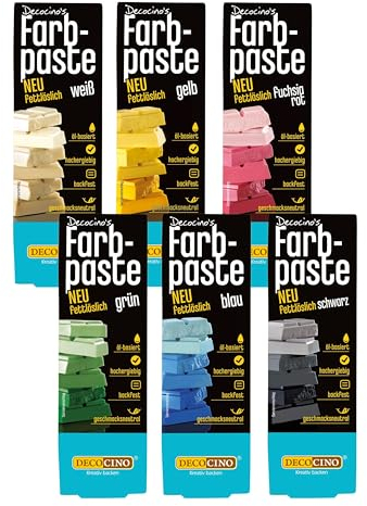 Decocino fettlösliche Farbpaste-Set 6er-Set – 6 x 15 g – Lebensmittelfarben in Rot, Weiß, Grün, Gelb, Blau und Schwarz, ideal zum Einfärben von Kuchen, Fondant und Cremes – AZO-Frei und Glutenfrei