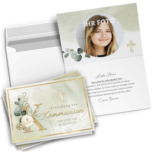 10 personalisierte Kommunion Einladungskarten mit eigenem Text und Foto - Kreuz Blumen Kirche - Einladungen zur Kommunion mit Umschlägen Jungen und Mädchen