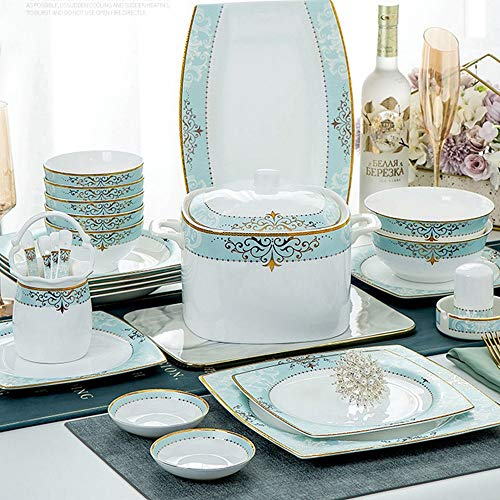Service de table 56 pièces, vaisselle en céramique de style européen, 10 bols de 4,5, 2 bols à nouilles de 6, 6 assiettes creuses carrées, 1 assiette à poisson