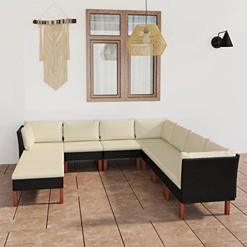 Rantry Gartensofa 9-TLG. Gartensofa mit Kissen Gartenmöbel-Set Terrassenmöbel Ecksofa Balkonmöbel Lounge Sofa Sitzgarnitur Gartenset Gartenmöbel Möbel für Garten Schwarz Poly Rattan