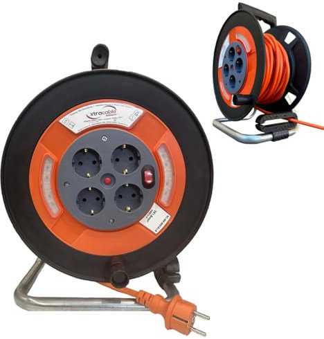 XTRACABLE Kabeltrommel 25m mit integrierten LED-Licht | Kabel in orange, schwarz | IP20